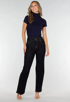 Navy Stretch Top met Col en Korte Mouwen