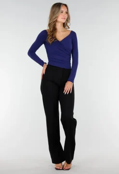 Navy Stretch Top met Ruches en Overslaghals