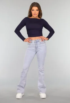 Navy Top met Lange Mouwen en Plooien