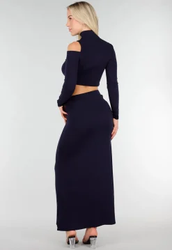 Navy Two Piece Set met Cut Out Top en Maxi Rok