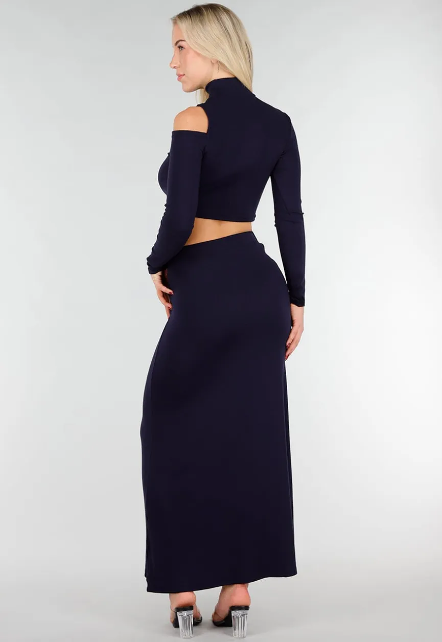 Navy Two Piece Set met Cut Out Top en Maxi Rok