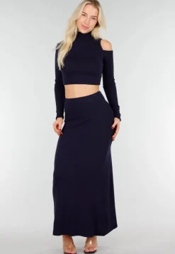 Navy Two Piece Set met Cut Out Top en Maxi Rok