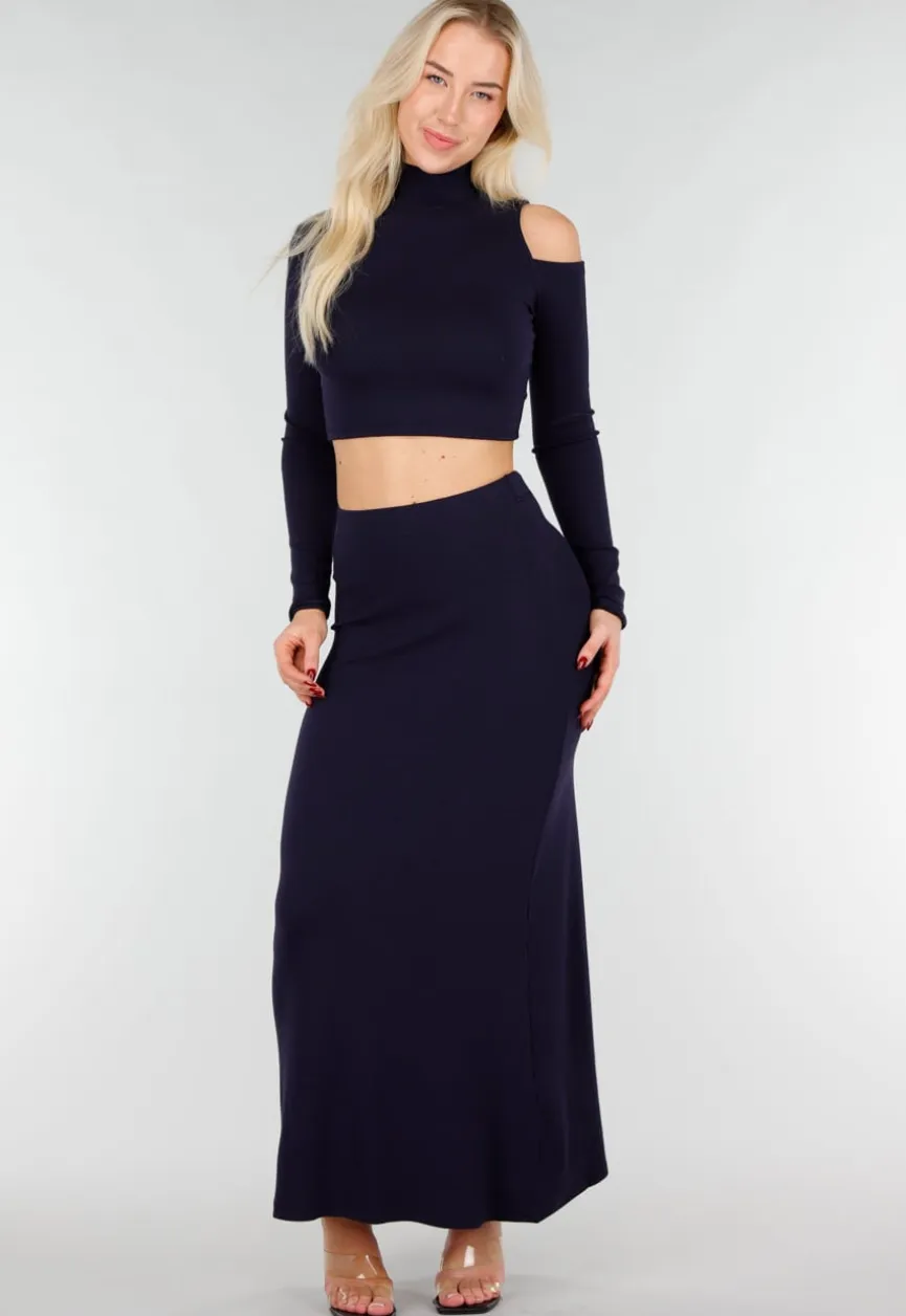 Navy Two Piece Set met Cut Out Top en Maxi Rok