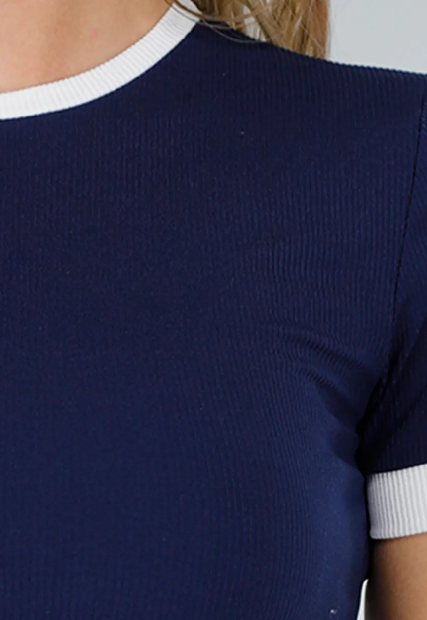 Navy Two Piece Set met Lange Broek en Korte Top met Colorblockingdetails