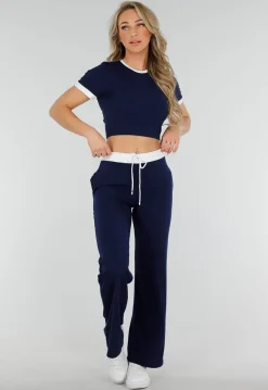 Navy Two Piece Set met Lange Broek en Korte Top met Colorblockingdetails