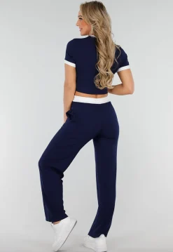 Navy Two Piece Set met Lange Broek en Korte Top met Colorblockingdetails