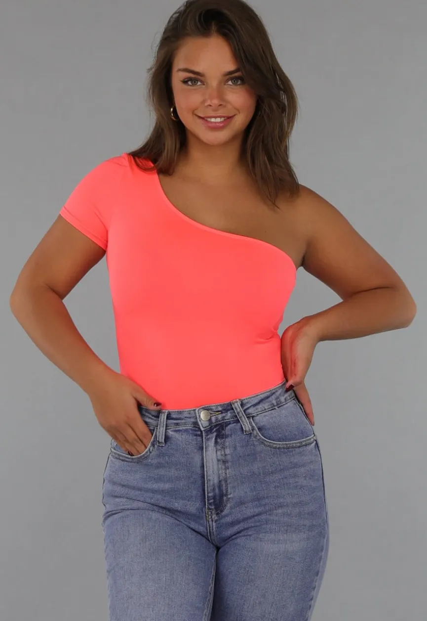 Neon Coral Bodysuit met One Shoulder