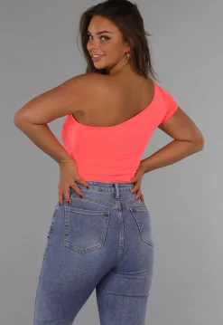 Neon Coral Bodysuit met One Shoulder