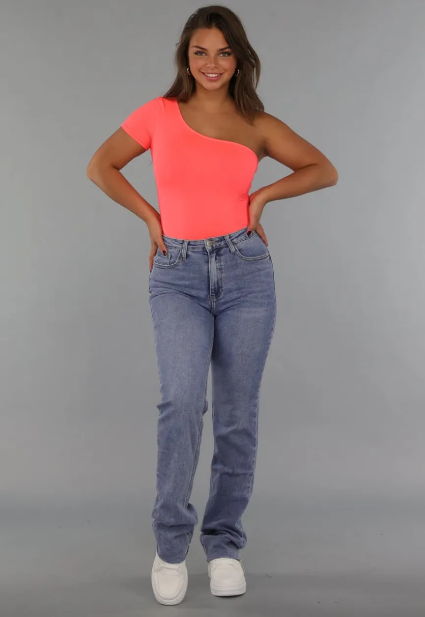 Neon Coral Bodysuit met One Shoulder