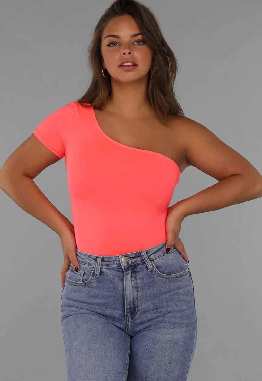 Neon Coral Bodysuit met One Shoulder