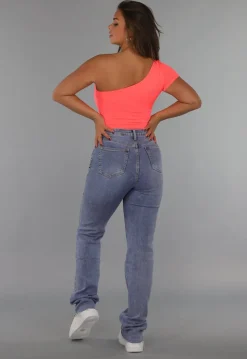 Neon Coral Bodysuit met One Shoulder