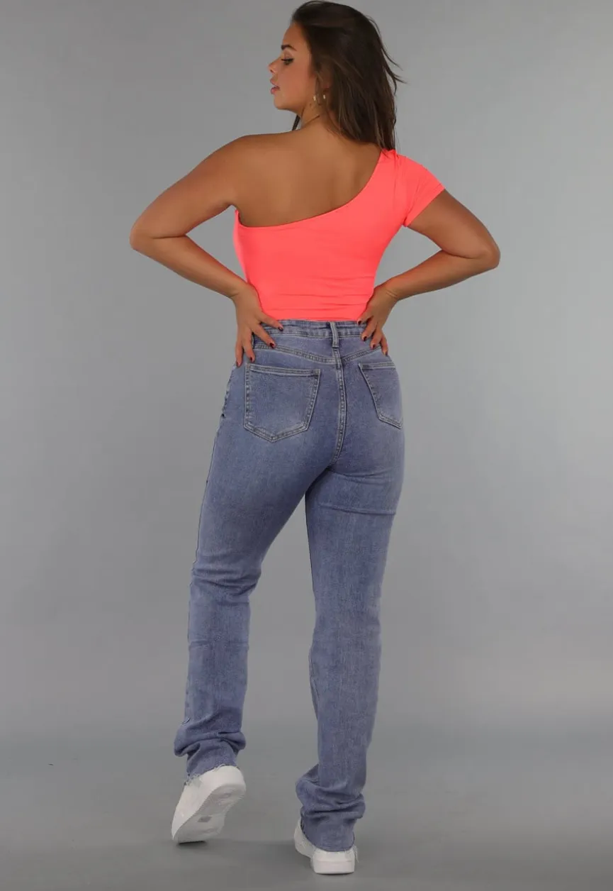 Neon Coral Bodysuit met One Shoulder