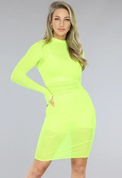 Neon Geel Geplooid See-Through Jurkje met Setje