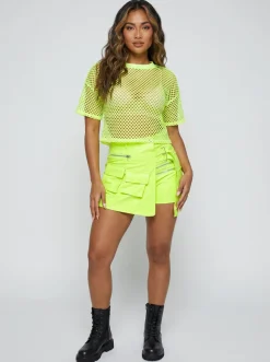 Neongele Fishnet Crop Top met Korte Mouwen