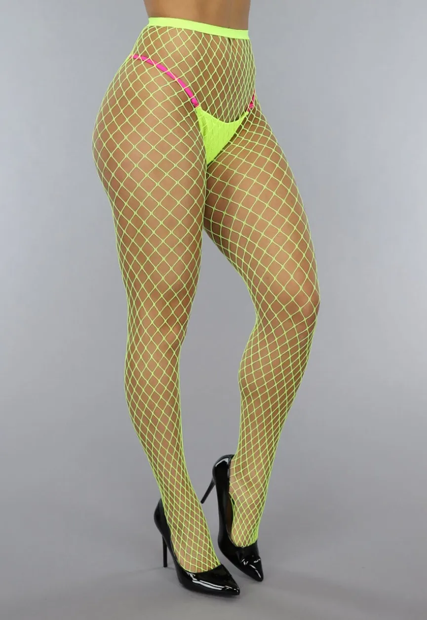 Neon Gele Netpanty met Grote Fishnet