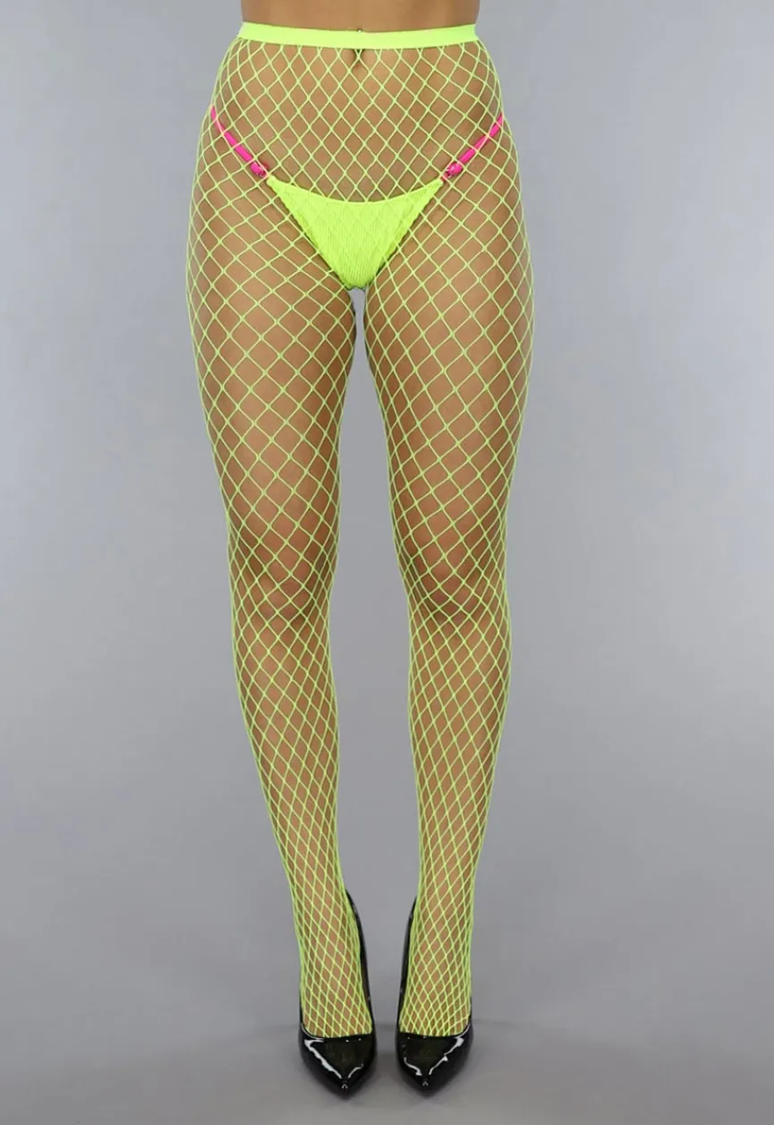 Neon Gele Netpanty met Grote Fishnet