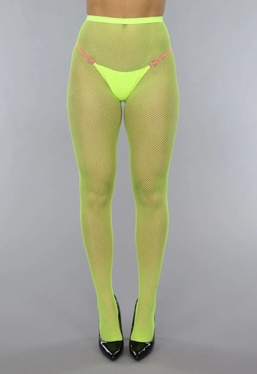 Neon Gele Panty met Klein Fishnet Patroon