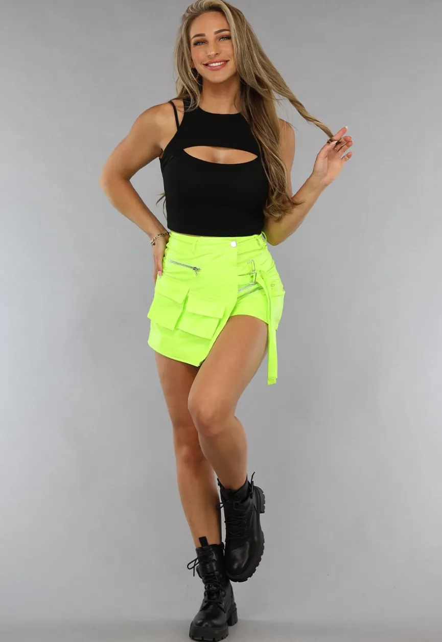 Neon Gele Skort met Overslag en Cargo Zakken