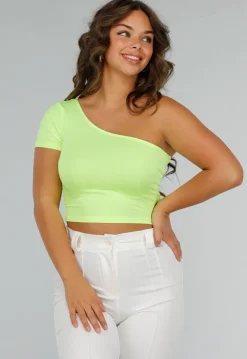 Neon Gele Stretch Crop Top met One Shoulder