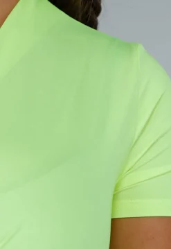 Neon Gele V-hals Bodysuit met Twist en Korte Mouwen