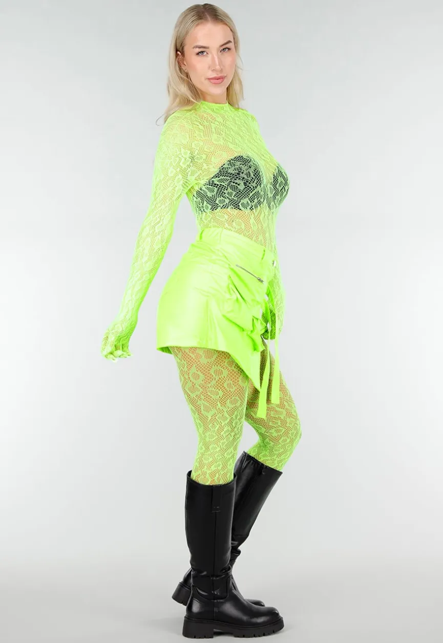 Neon Groene Transparante Fishnet Bodystocking met Open Rug