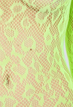 Neon Groene Transparante Fishnet Bodystocking met Open Rug