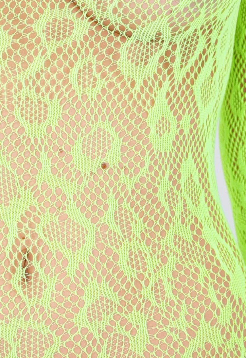 Neon Groene Transparante Fishnet Bodystocking met Open Rug