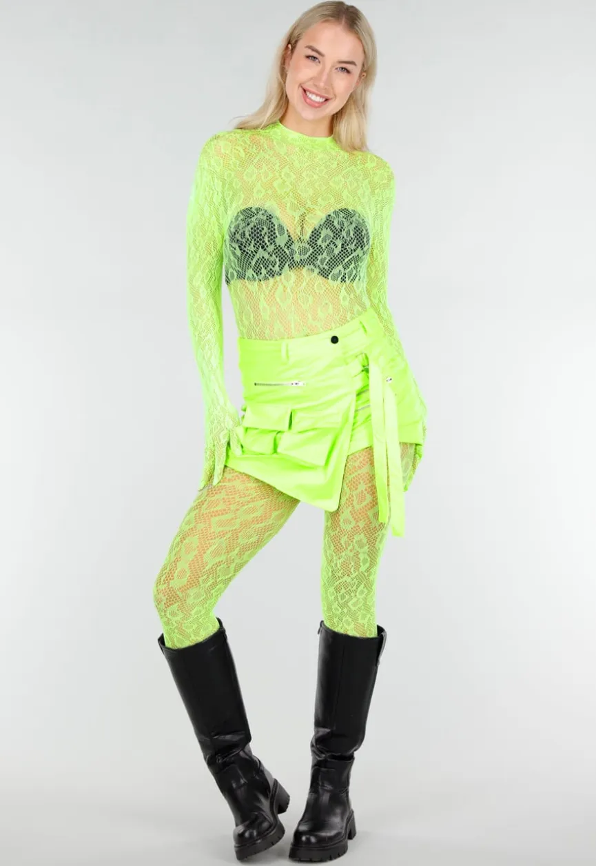 Neon Groene Transparante Fishnet Bodystocking met Open Rug