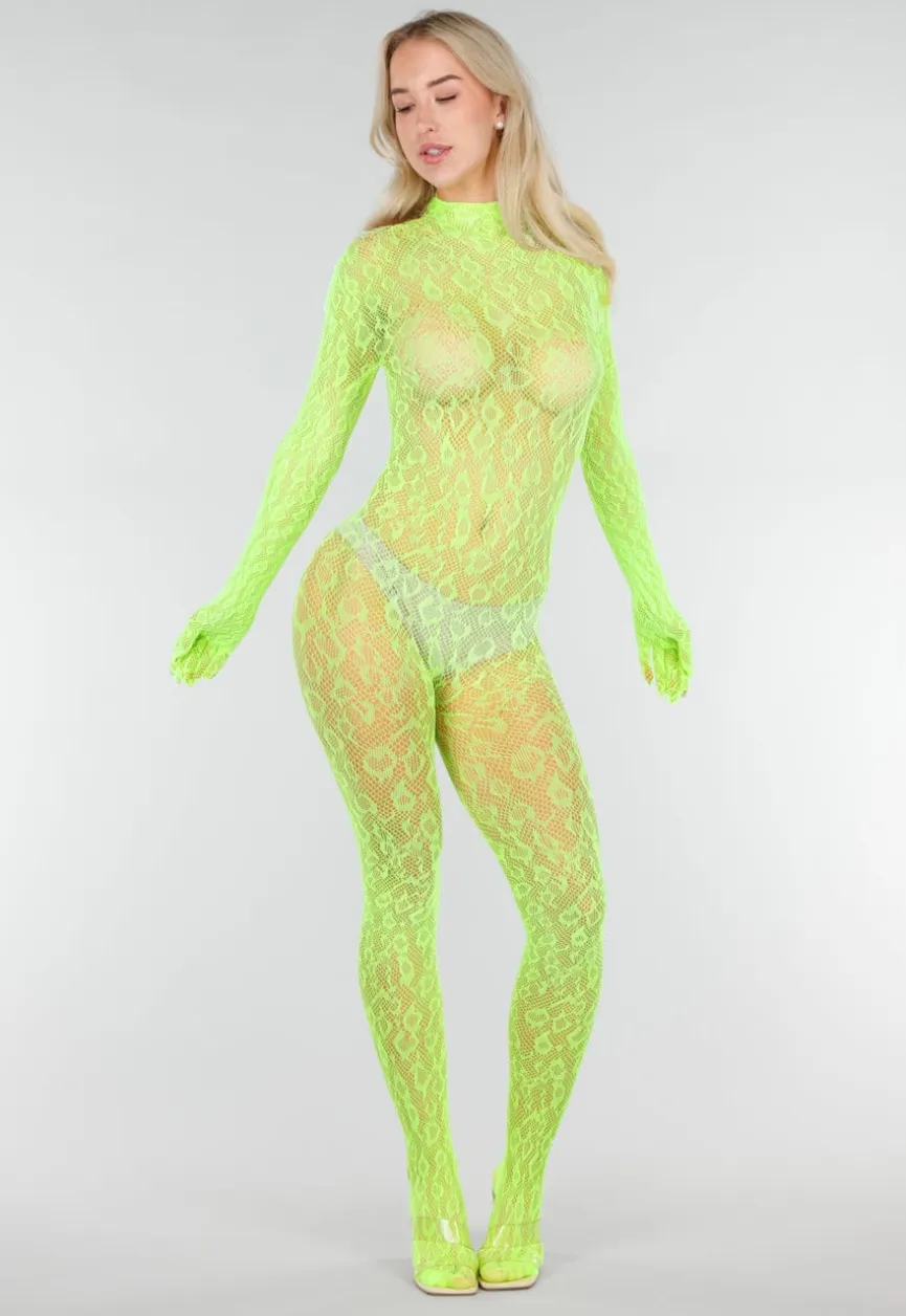 Neon Groene Transparante Fishnet Bodystocking met Open Rug