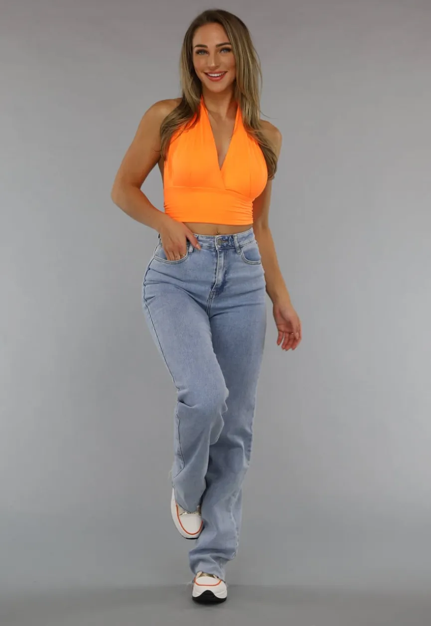 Neon Oranje Halter Top met Strikdetail