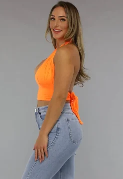 Neon Oranje Halter Top met Strikdetail