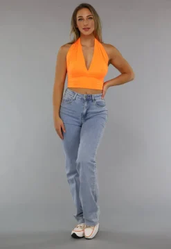 Neon Oranje Halter Top met Strikdetail
