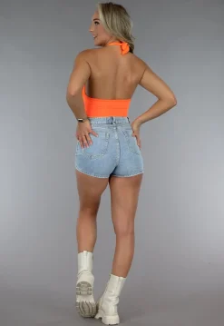 Neon Oranje Knoop Top met Mesh