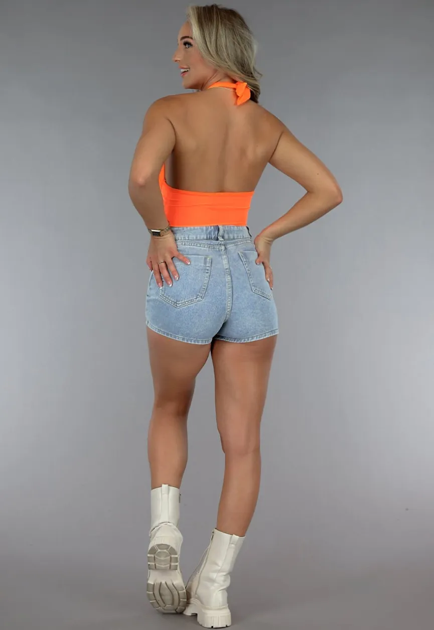 Neon Oranje Knoop Top met Mesh