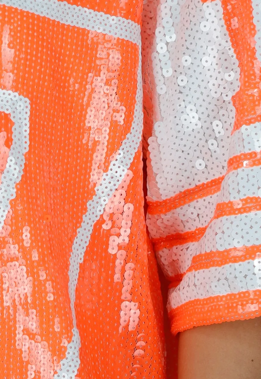 Neon Oranje Koningsdag Jersey Jurk met Pailletten