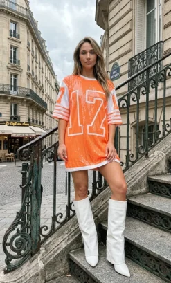 Neon Oranje Koningsdag Jersey Jurk met Pailletten