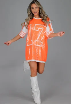 Neon Oranje Koningsdag Jersey Jurk met Pailletten
