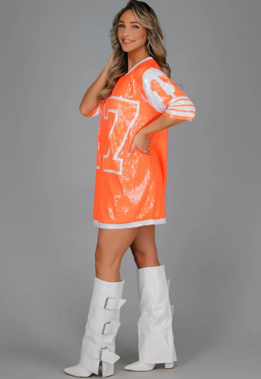Neon Oranje Koningsdag Jersey Jurk met Pailletten