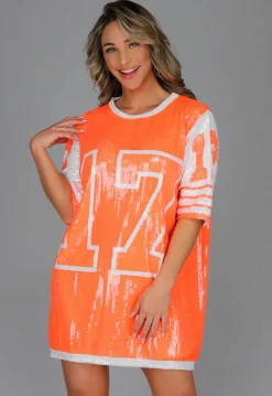 Neon Oranje Koningsdag Jersey Jurk met Pailletten