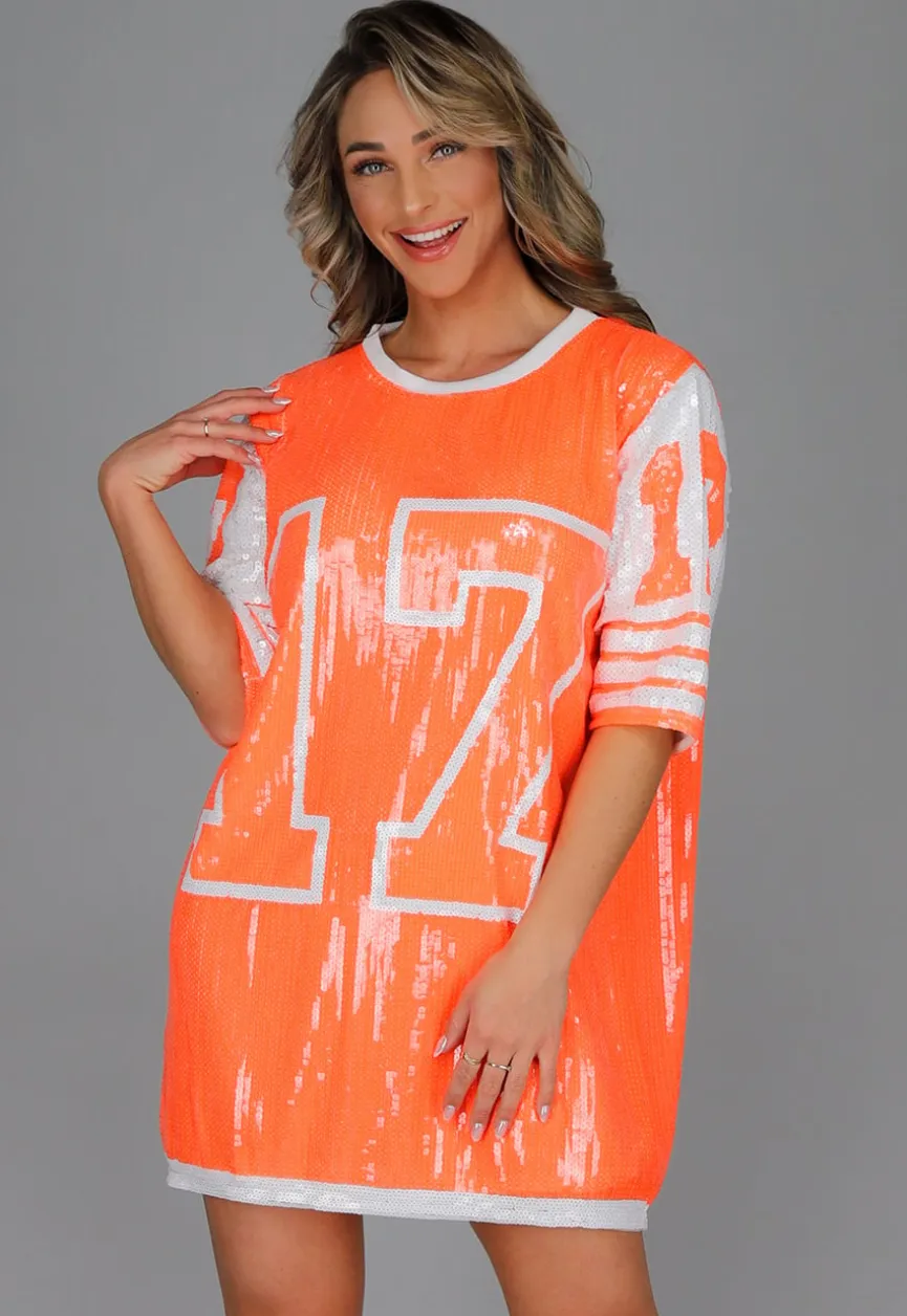 Neon Oranje Koningsdag Jersey Jurk met Pailletten