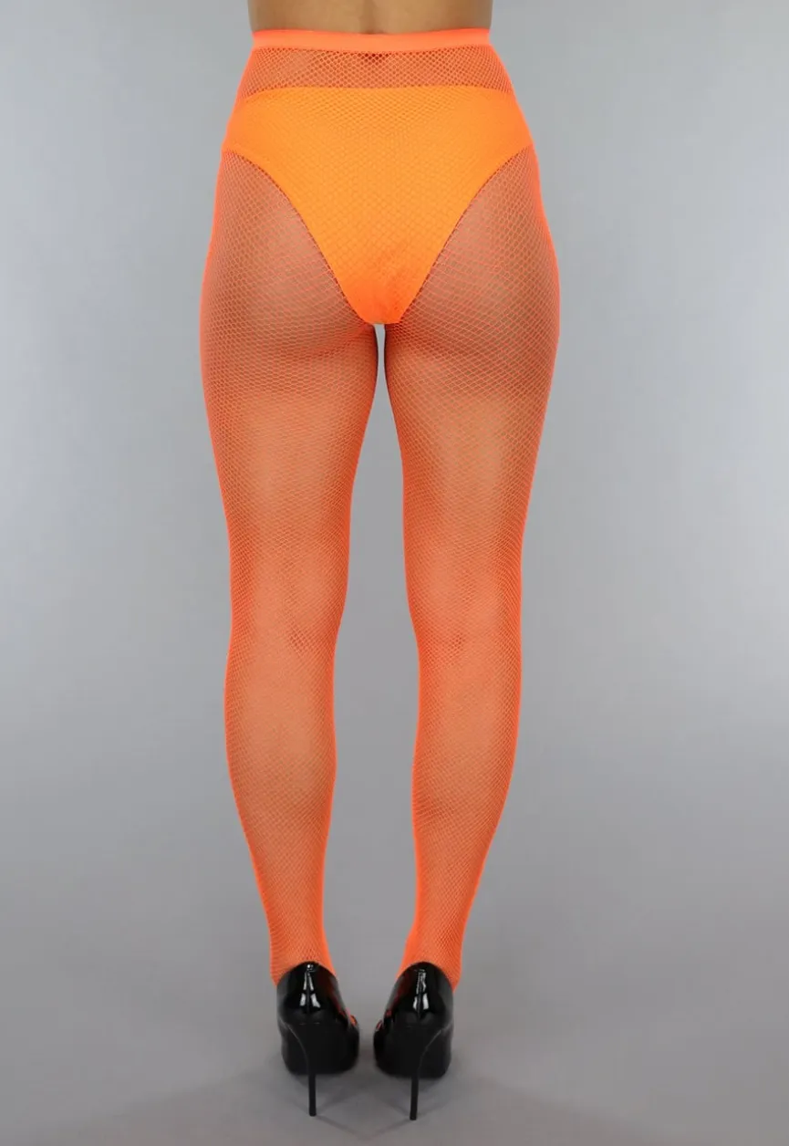 Neon Oranje Panty met Klein Fishnet Patroon