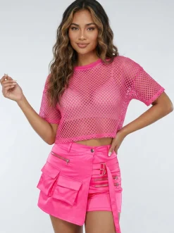 Neon Roze Fishnet Top met Korte Mouwen en Ronde Hals