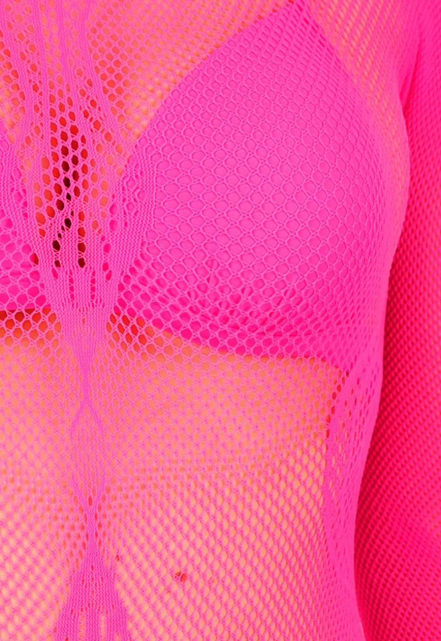 Neon Roze Mesh Fishnet Body met Slangenprint