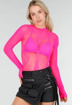 Neon Roze Mesh Fishnet Body met Slangenprint