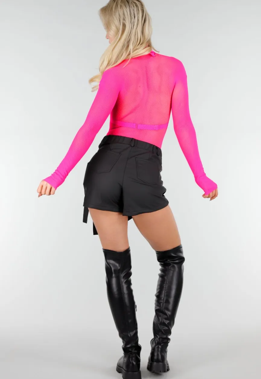Neon Roze Mesh Fishnet Body met Slangenprint