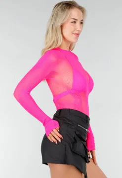 Neon Roze Mesh Fishnet Body met Slangenprint
