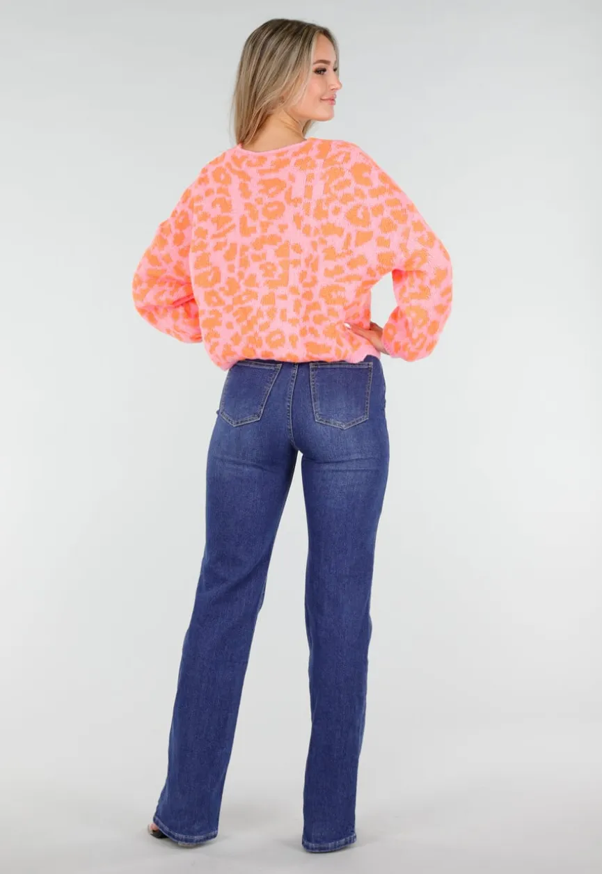 Neonroze Panterprint Trui met Striksluiting aan de Voorkant