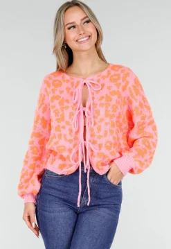 Neonroze Panterprint Trui met Striksluiting aan de Voorkant