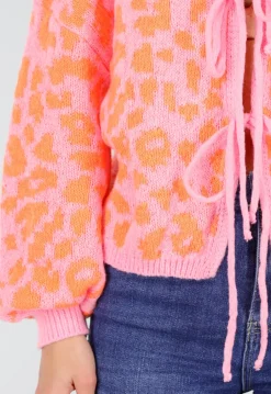 Neonroze Panterprint Trui met Striksluiting aan de Voorkant