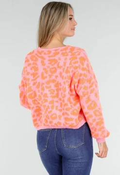 Neonroze Panterprint Trui met Striksluiting aan de Voorkant